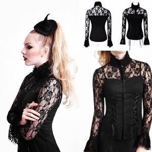 Goth Black corset with lace and long sleeve blouse